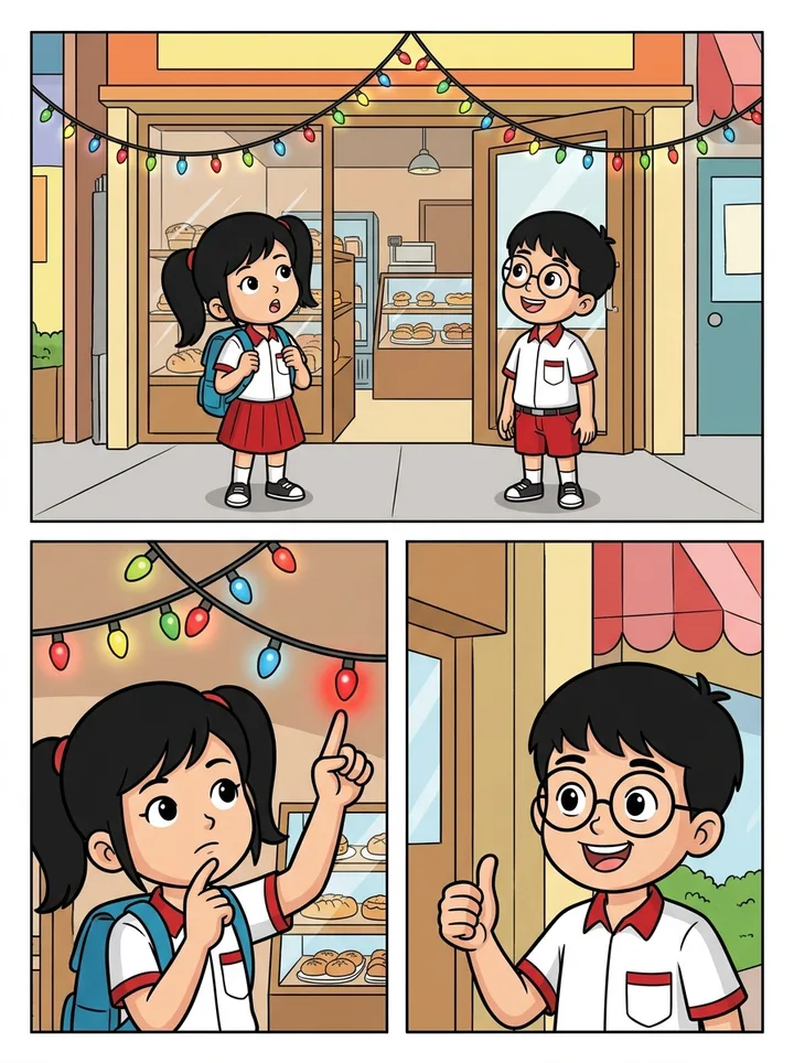 Contoh halaman komik KPK: Kiki dan Doni mengamati lampu hias yang menyala bergantian di depan toko kue.